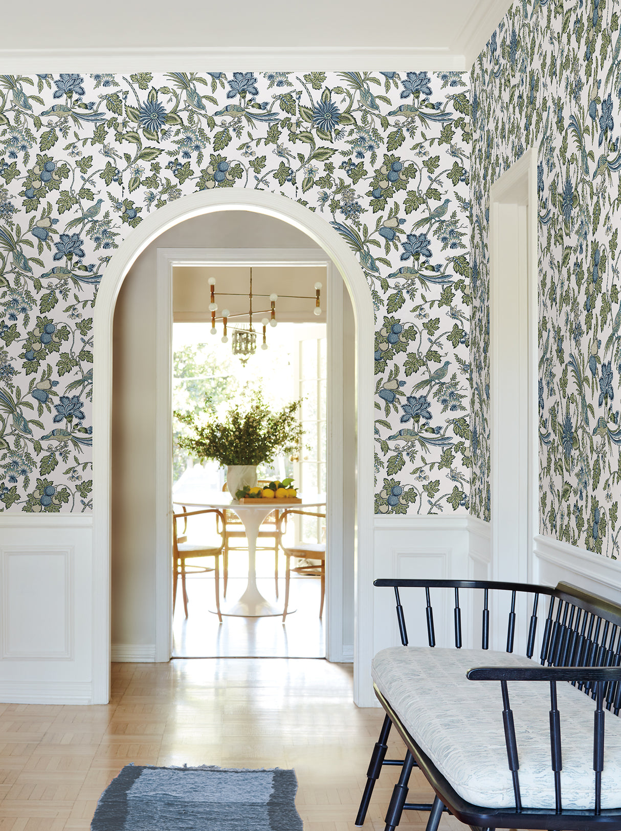 Parterre Blue by Antonina Vella Intricate Jacobean Exotic Birds Botanical Floral Traditional Unpasted Non Woven Sidewall Wallpaper VP1314