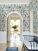 Parterre Blue by Antonina Vella Intricate Jacobean Exotic Birds Botanical Floral Traditional Unpasted Non Woven Sidewall Wallpaper VP1314