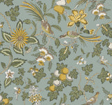 Parterre Light Blue Jacobean Wallpaper by Antonina Vella featuring exotic birds, voluminous blooms, ripe fruits, and butterflies on a soft robin's egg blue non woven background