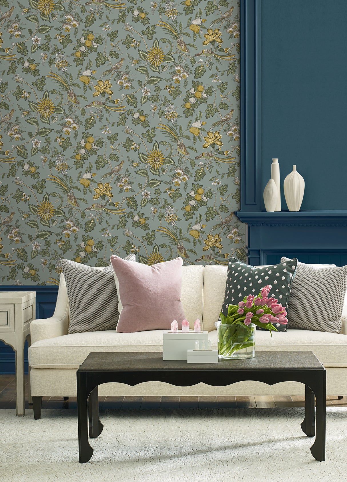 Parterre Light Blue Traditional Jacobean Birds and Botanicals Non Woven Wallpaper by Antonina Vella Jardin Collection - VP1315