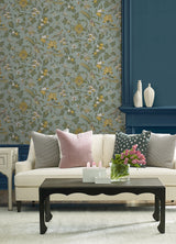Parterre Light Blue Traditional Jacobean Birds and Botanicals Non Woven Wallpaper by Antonina Vella Jardin Collection - VP1315