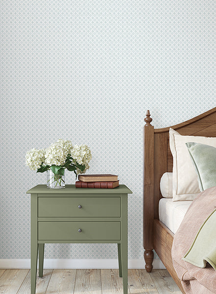 Priti Light Blue Floral Grid by Antonina Vella Floral Grid Wallpaper – York Designer Series VP1331