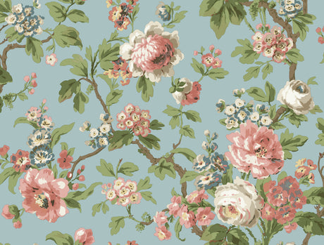 Beatrix Sky Blue Vintage Floral Wallpaper by Antonina Vella - VP1354