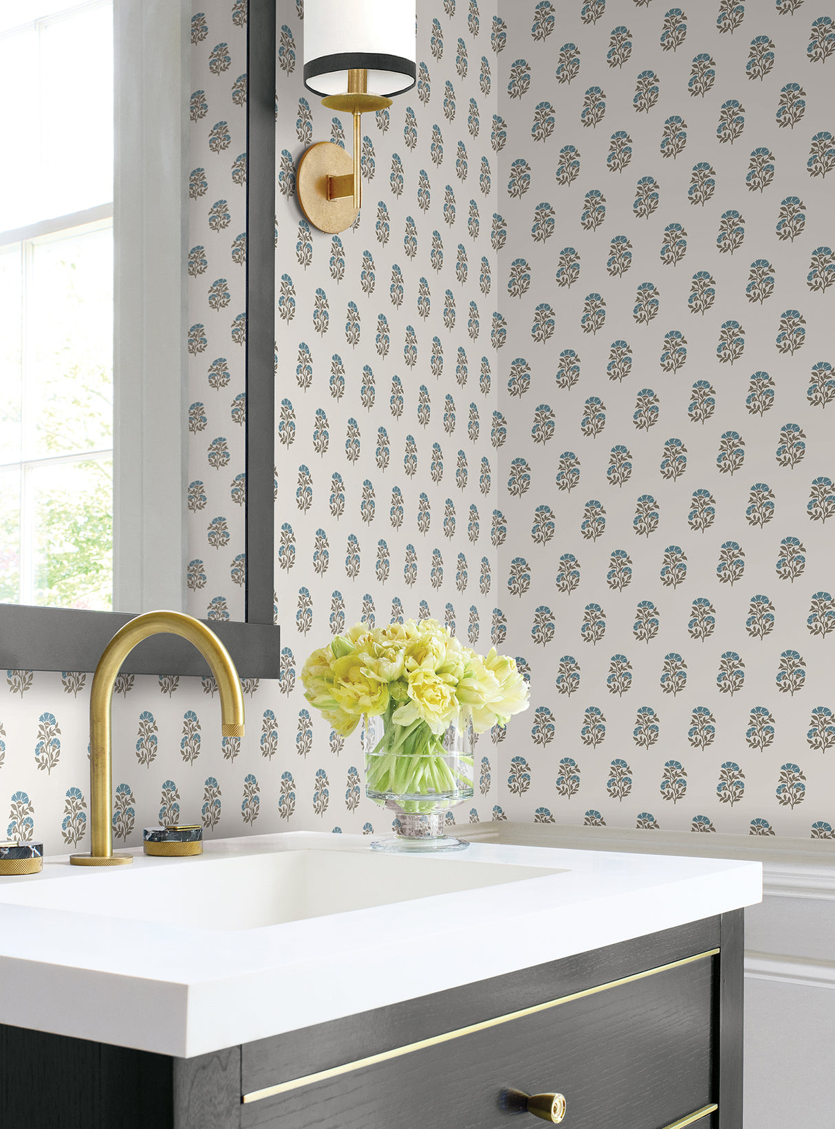 Sylvie Teal Floral Aegean & Mink by Antonina Vella Botanical Wallpaper – York Designer Series VP1383