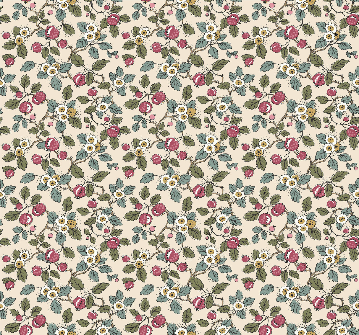 Antonina Vella Framboise Merlot Berry Vines Wallpaper in Mulberry & Evergreen on cream with 27 in width and 27 ft length.