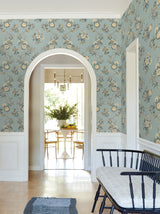 Genevieve Harbor Blue Floral Trail Wallpaper by Antonina Vella, Jardin Collection, Non Woven, Washable and Strippable, 27-in x 27-ft - VP1422