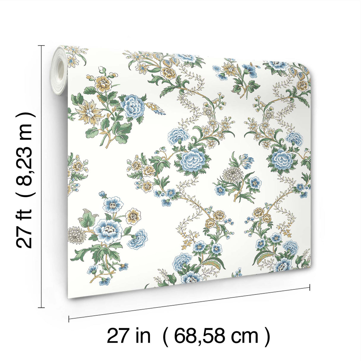 Genevieve Sapphire Blue and Green Botanical Floral Trailing Vine Farmhouse Style Unpasted Non Woven Wallpaper by Antonina Vella - VP1423