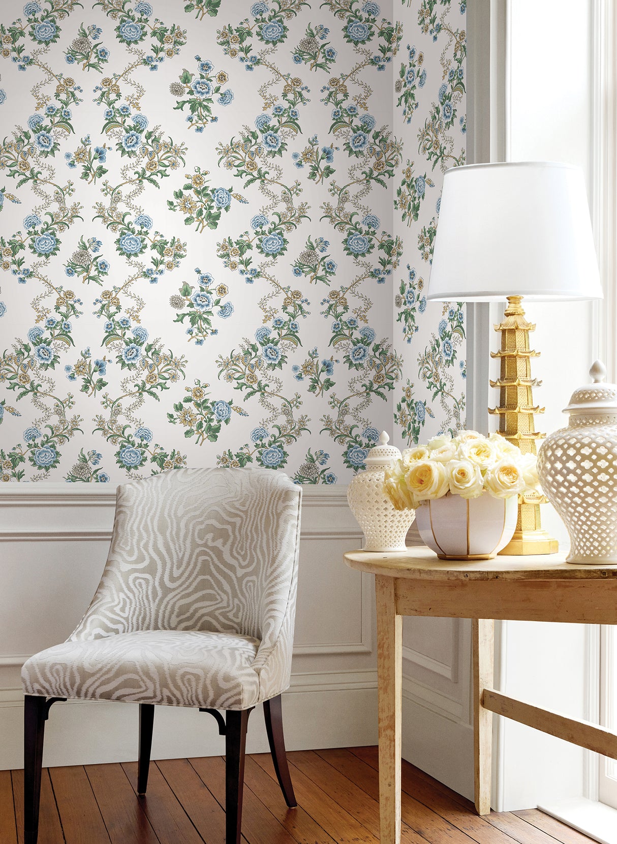Genevieve Sapphire Blue and Green Botanical Floral Trailing Vine Farmhouse Style Unpasted Non Woven Wallpaper by Antonina Vella - VP1423