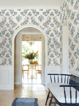 Genevieve Sapphire Blue and Green Botanical Floral Trailing Vine Farmhouse Style Unpasted Non Woven Wallpaper by Antonina Vella - VP1423