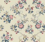 Genevieve Rose Floral Trail wallpaper in red and navy on pale beige background