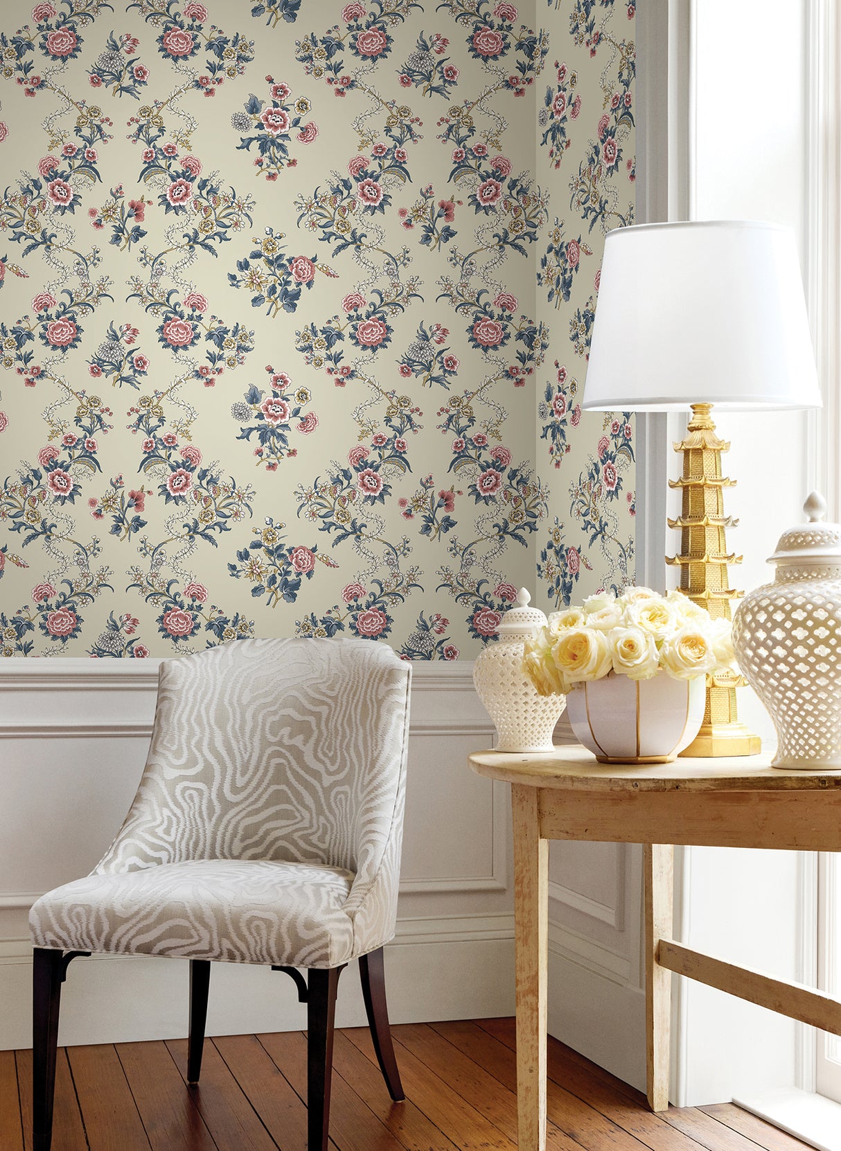 Genevieve Rose & Navy by Antonina Vella Floral Trail Wallpaper – York Designer Series VP1424