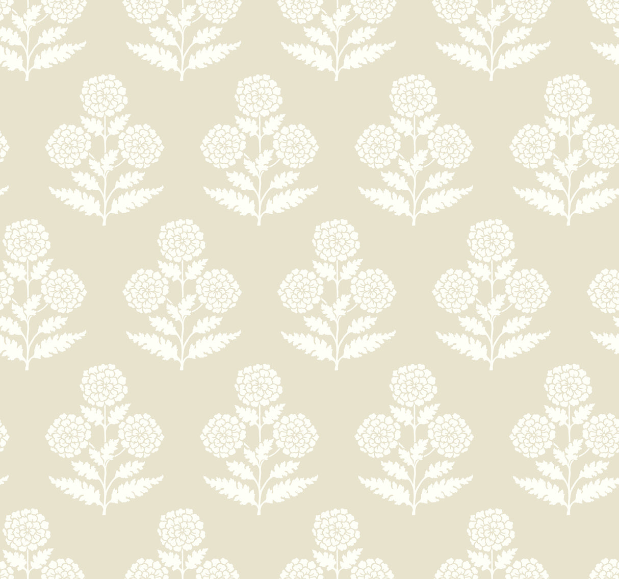Souci Beige Marigolds Wallpaper VP1433 by Antonina Vella – beige and white floral block print