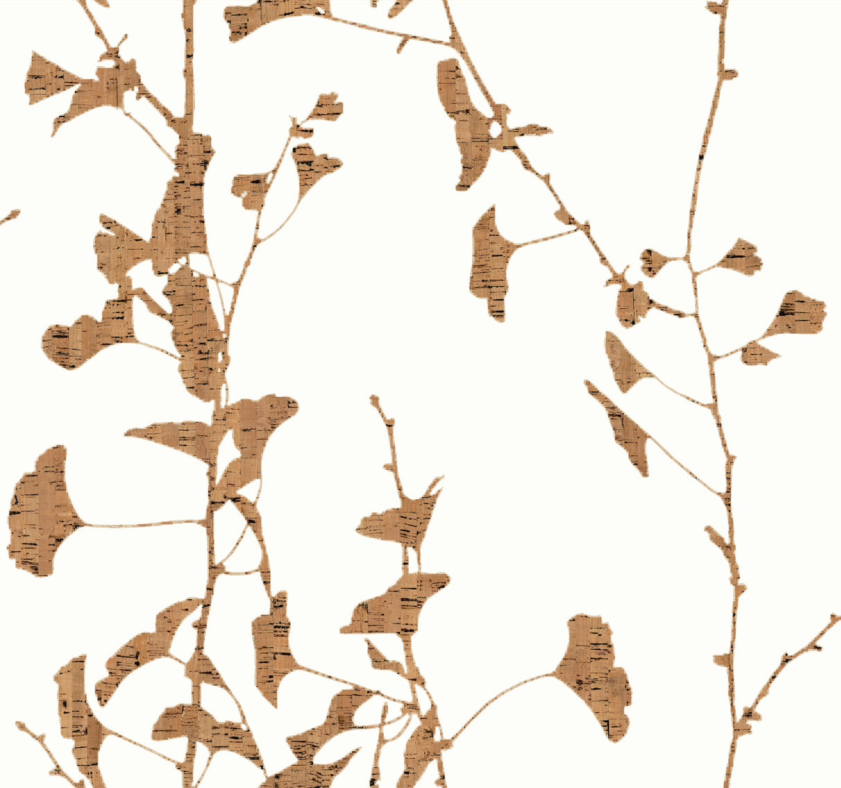 Ginkgo Silhouette Light Brown cork wallpaper with vertical botanical silhouettes on white, 27 in x 27 ft bolt.