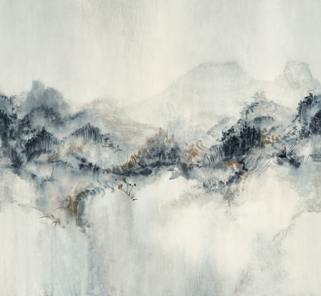 Mystic Overlook Blue wall mural by Ronald Redding featuring a watercolor mountain landscape in blues and neutrals