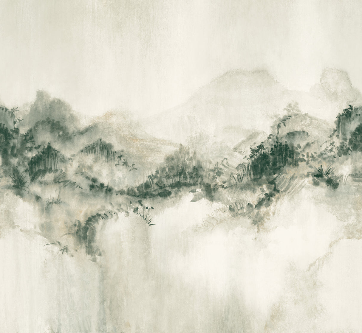 Mystic Overlook Green wall mural by Ronald Redding showing misty green mountainscape in 4-panel layout