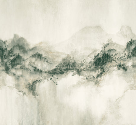 Mystic Overlook Green wall mural by Ronald Redding showing misty green mountainscape in 4-panel layout