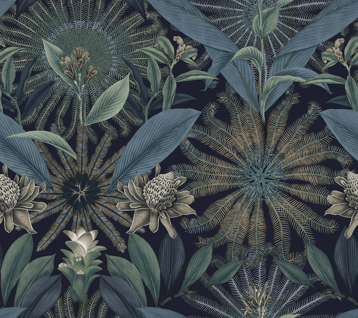 Enchanted Garden Navy Tropical Wallpaper by Ronald Redding – pattern detail