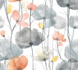 Cotswolds Poppies coral floral wallpaper with translucent poppy blooms in coral, grey and yellow on white.