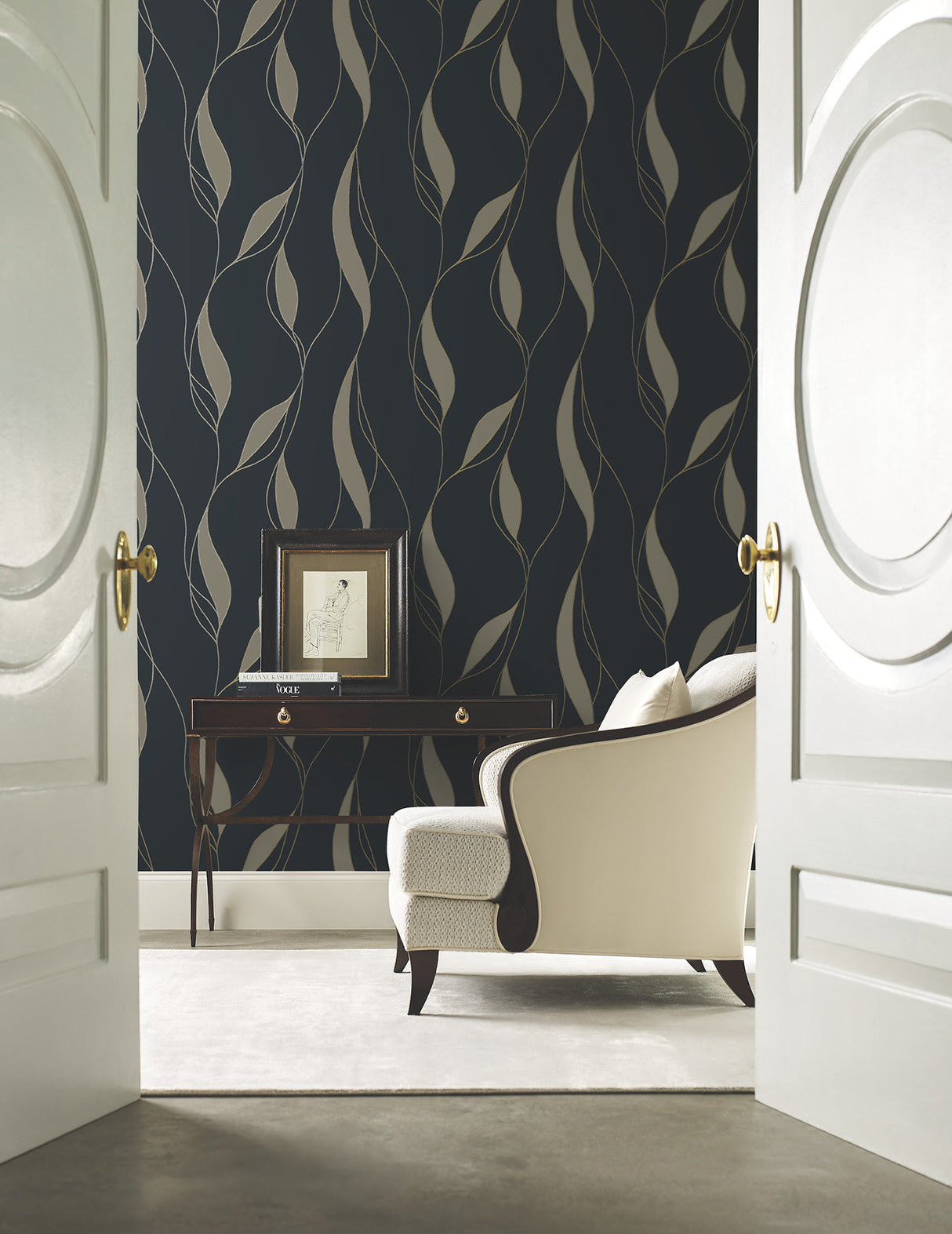 Society Hill Black by Ronald Redding Abstract Leaf Wallpaper- York Designer Series VR1549