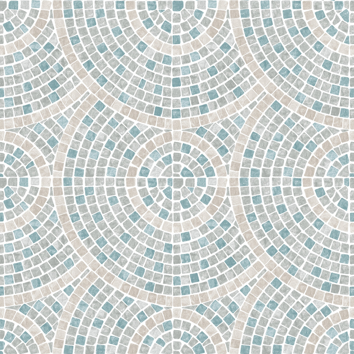 Mosaic Mirage Blue and Beige textured vinyl wallpaper with concentric mosaic tile circles.