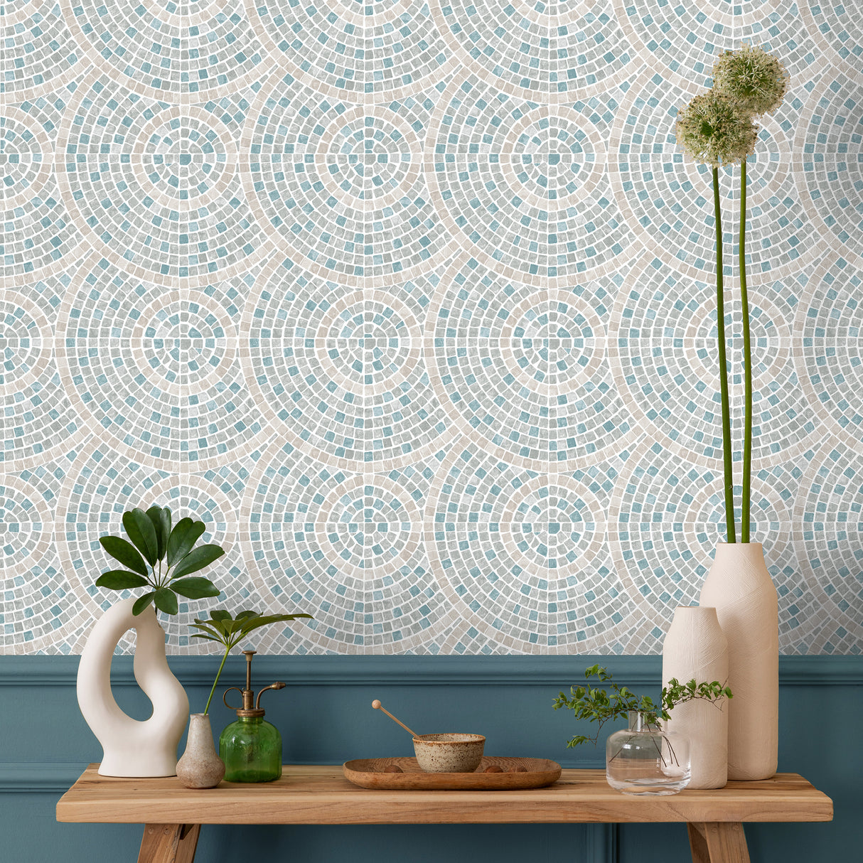 Mosaic Mirage Blue and Beige by Veer Decor Pattern Wallpaper – Veer Decor VRAR01-367