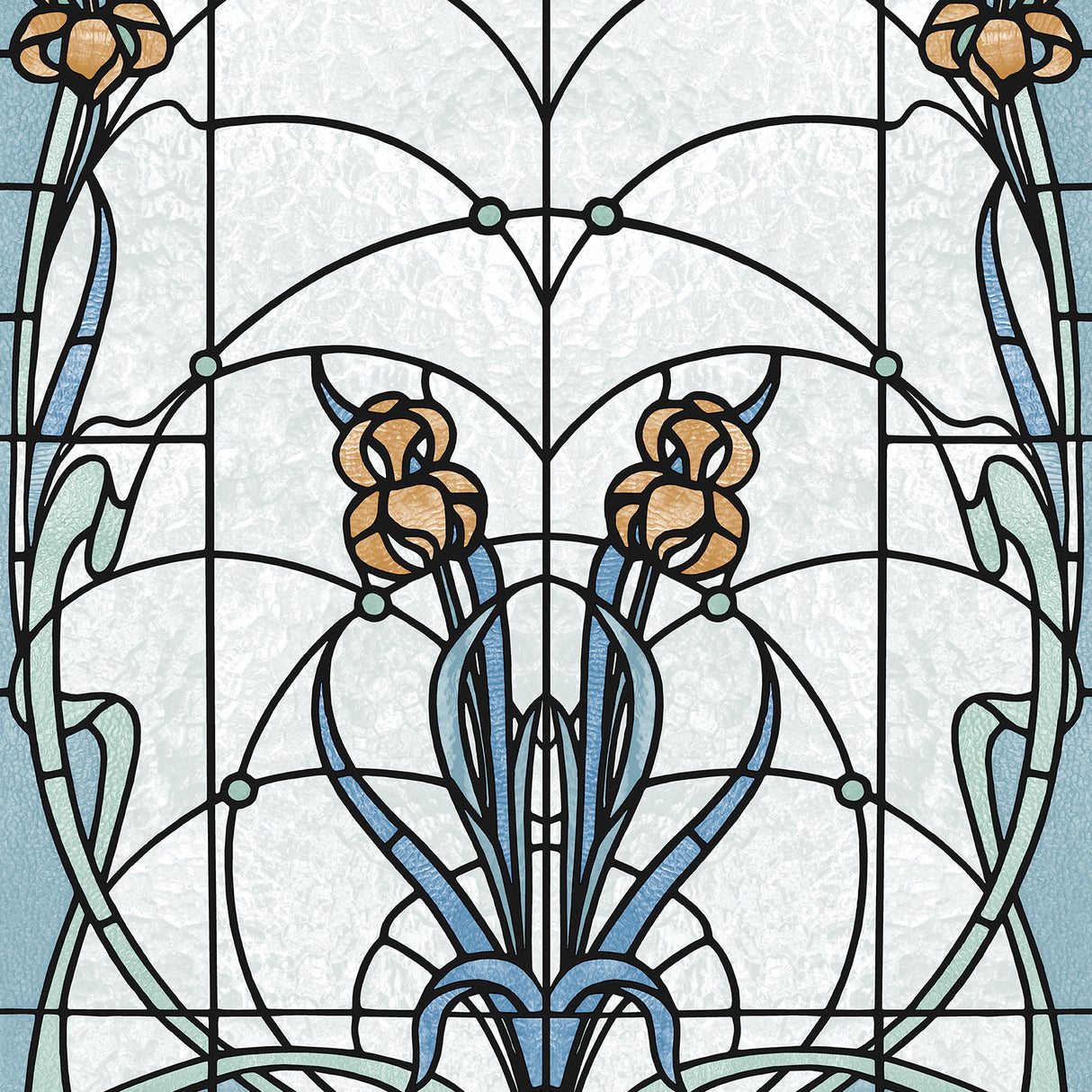 Floral Stained Glass Blue textured vinyl wallpaper roll showing stained-glass botanical motif