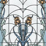Floral Stained Glass Blue textured vinyl wallpaper roll showing stained-glass botanical motif