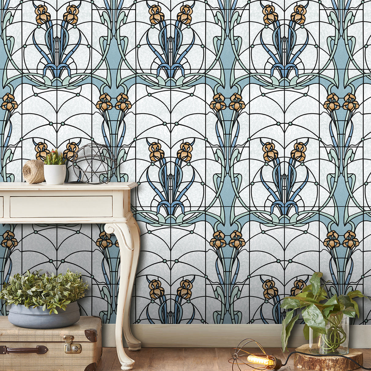 Floral Stained Glass Blue by Veer Decor Textured Vinyl Wallpaper – Veer Decor VRAR01-397