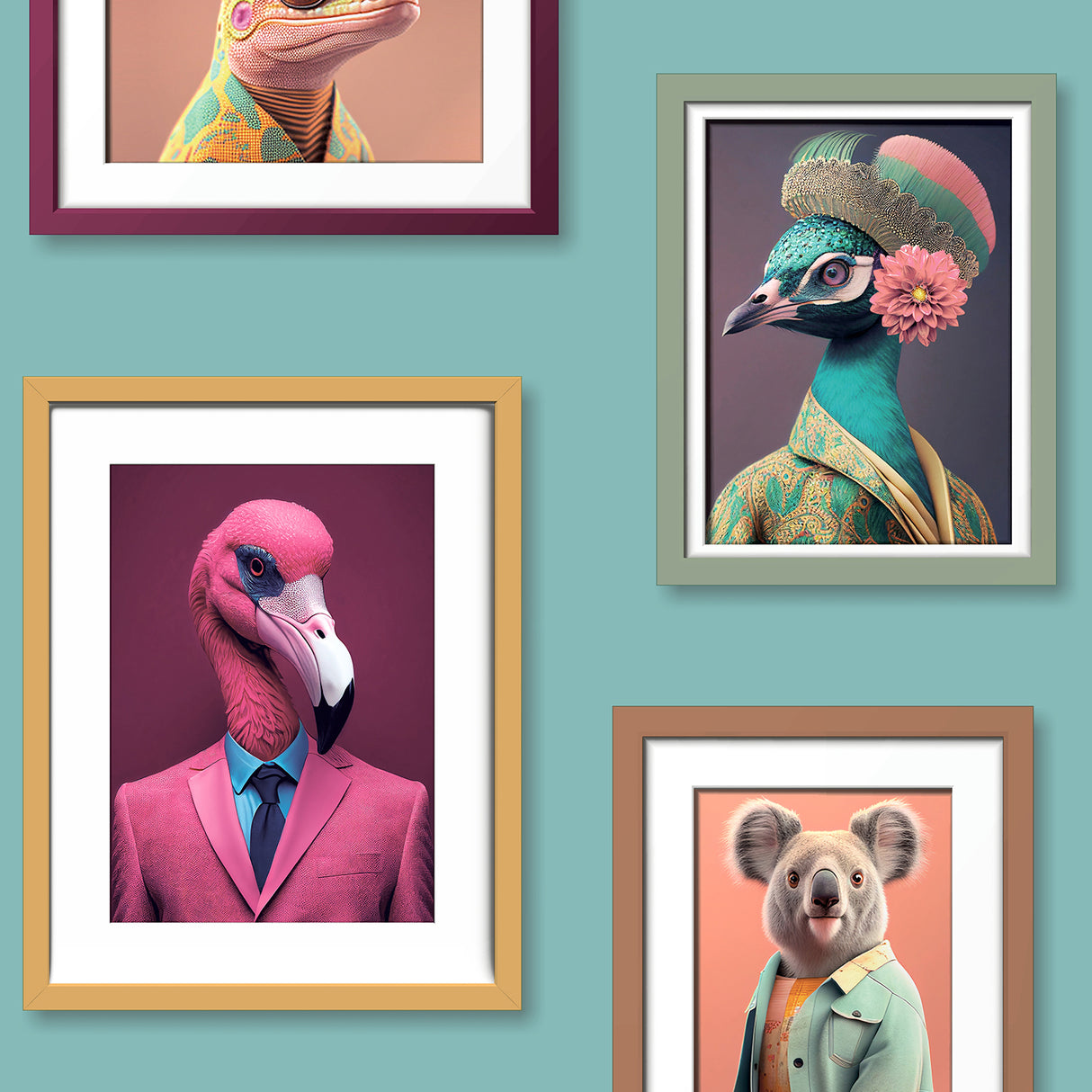 Funky Animal Portraits green ground wallpaper with framed animal portraits