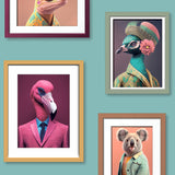 Funky Animal Portraits green ground wallpaper with framed animal portraits