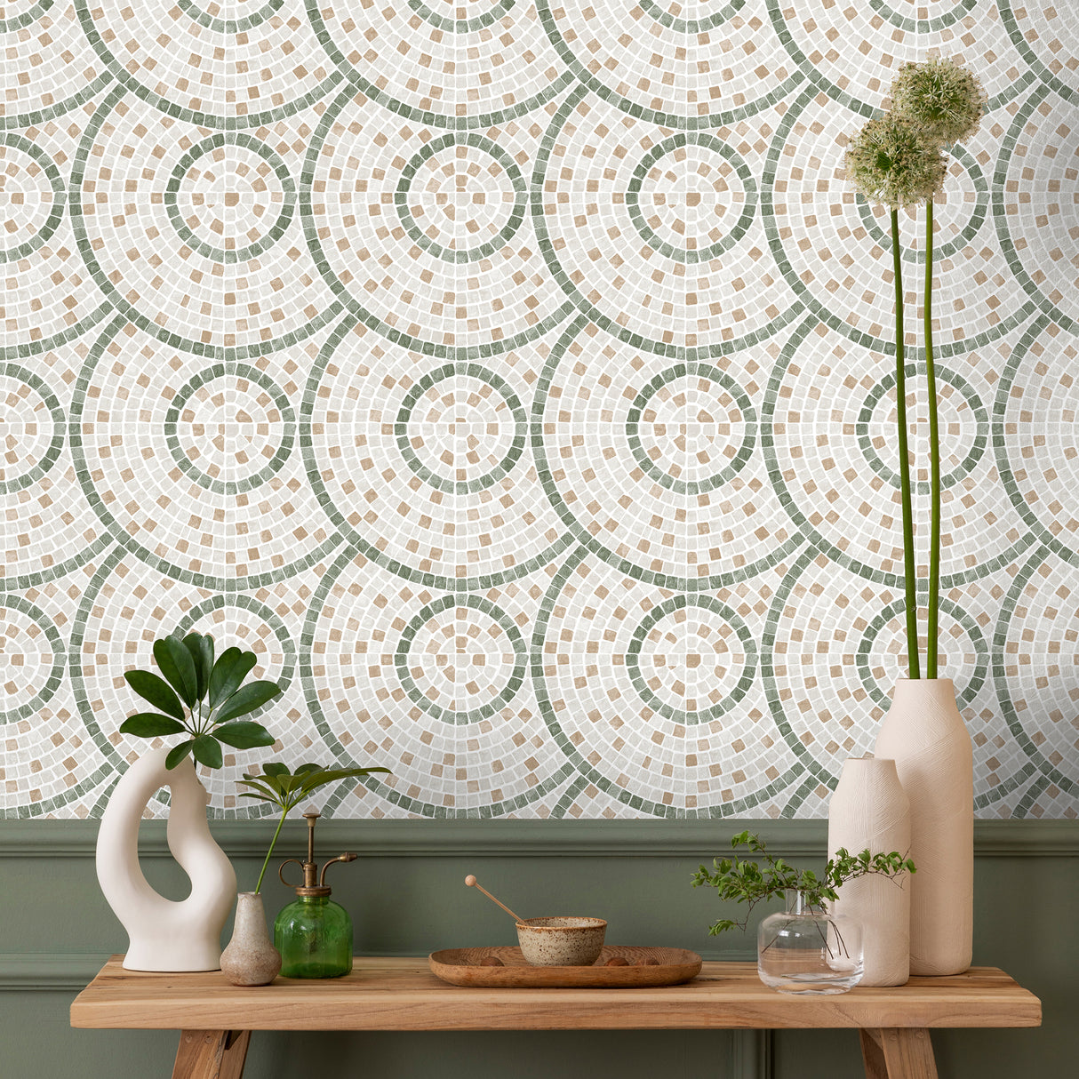 Mosaic Mirage Green and Neutrals by Veer Decor Patterned Wallpaper – Veer Decor VRAR04-367