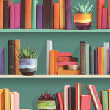 Modern Bookshelf green wallpaper with colorful books and succulents on shelves