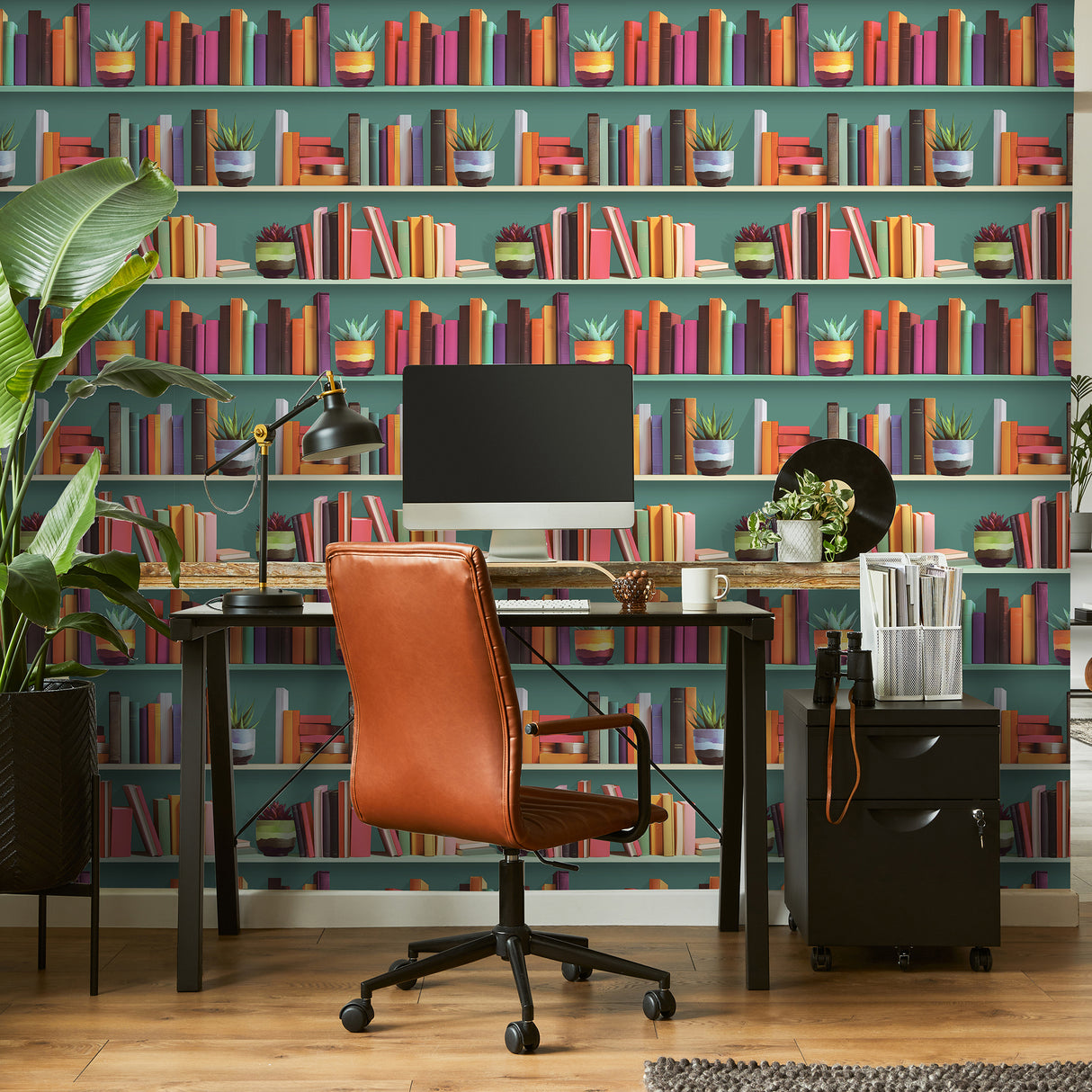 Modern Bookshelf Green Ground by Veer Decor Patterned Wallpaper – Veer Decor VRAR04-597