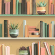 Modern Bookshelf Ocher Ground Wallpaper roll and room setting with bookshelf motif and succulents