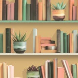 Modern Bookshelf Ocher Ground Wallpaper roll and room setting with bookshelf motif and succulents