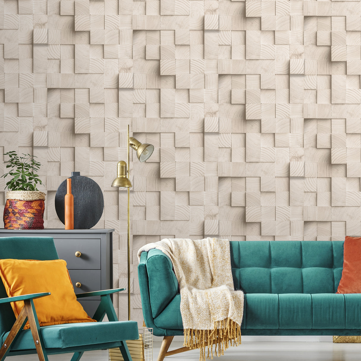 Wood Blocks Natural Beige by Veer Decor Geometric Textured Wallpaper – Veer Decor VRAR07-108