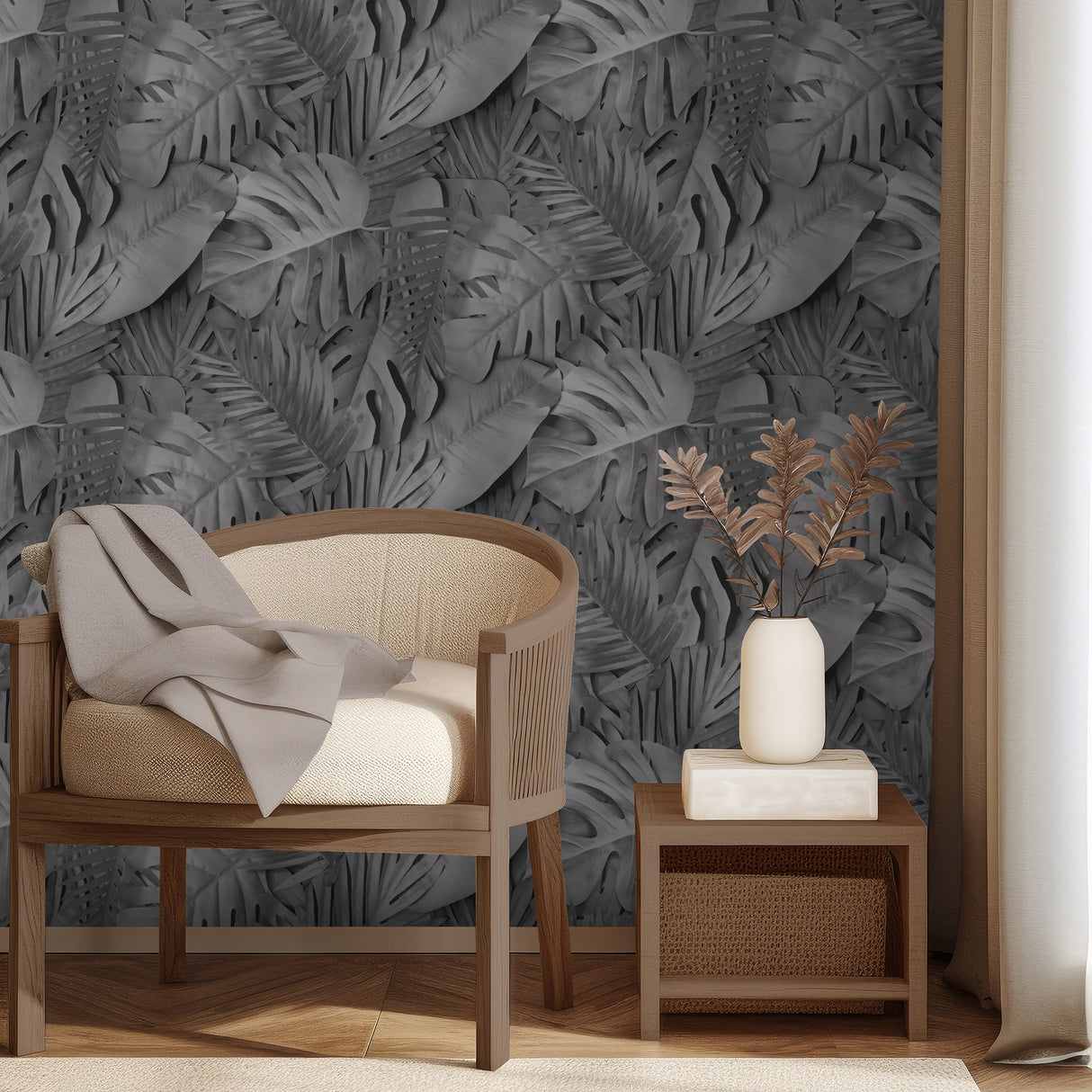 Large Photoreal Tropical Leaves Black by Veer Decor Botanical Wallpaper – Veer Decor VRAR09-008