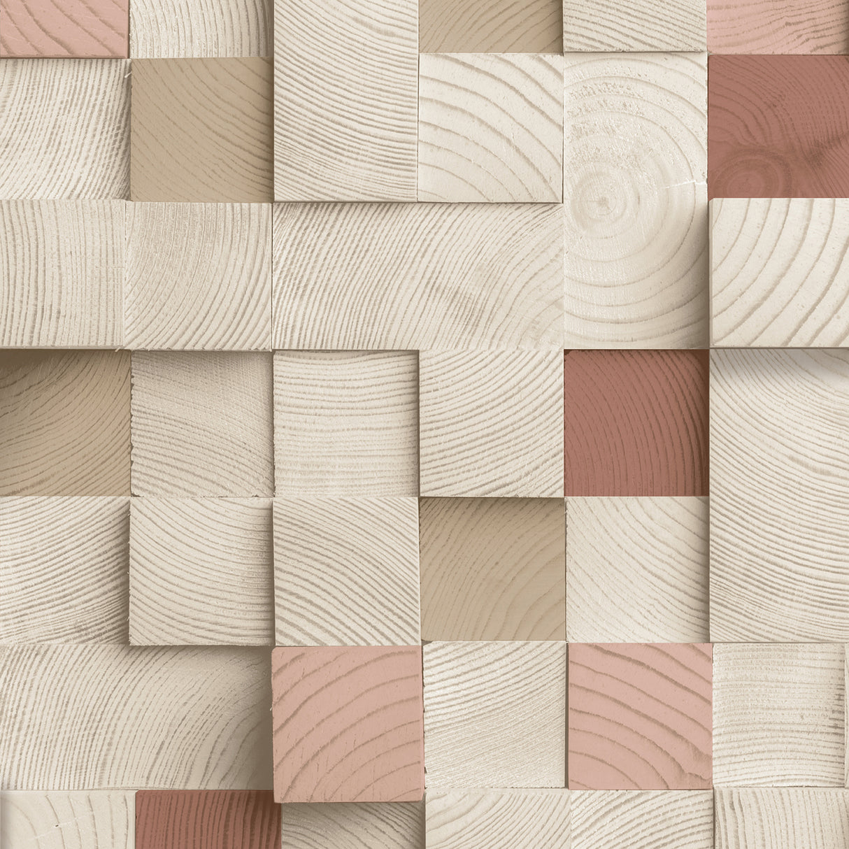 Wood Blocks Natural and Reds geometric textured wallpaper roll by Veer Decor, 20.86 in x 33 ft