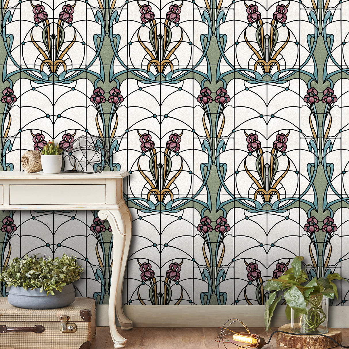Floral Stained Glass Red by Veer Decor Patterned Wallpaper – Veer Decor VRAR10-397