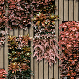 Photoreal Vertical Garden red and green botanical wallpaper roll showing foliage over wood-like slats