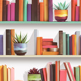 Modern Bookshelf White Ground Wallpaper roll showing colorful books and succulents on white shelves