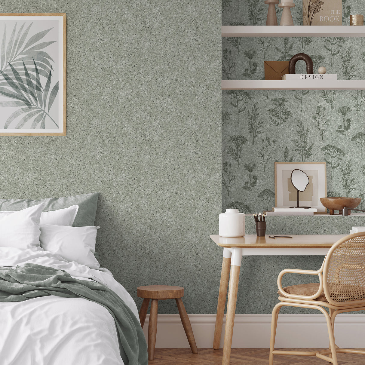 Herbarium Hues Sage Green by Veer Decor Cork Texture Abstract Wallpaper – Veer Decor VRBR04-387