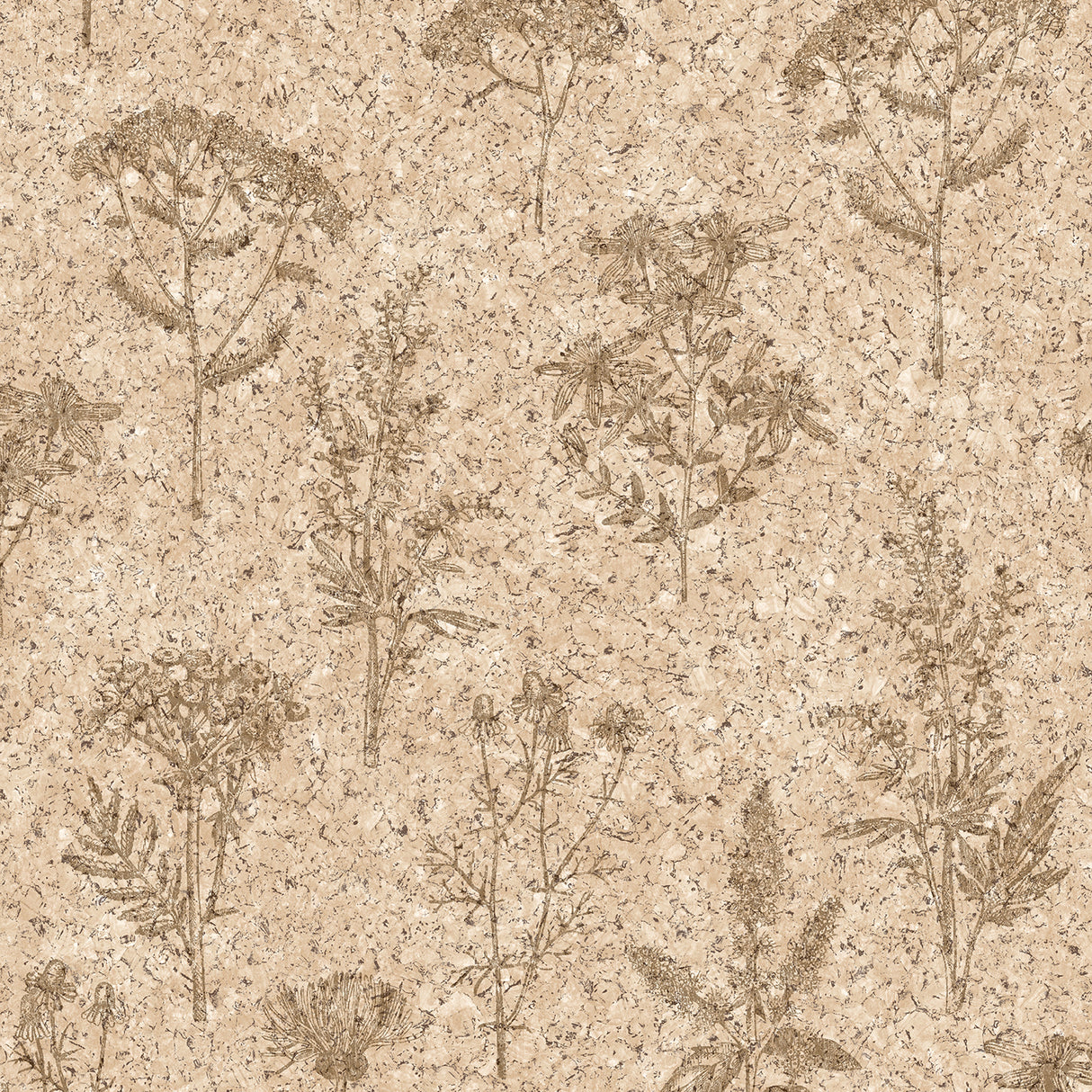 Herbarium Hues faux cork botanical wallpaper in tan, roll size 20.86 in x 33 ft