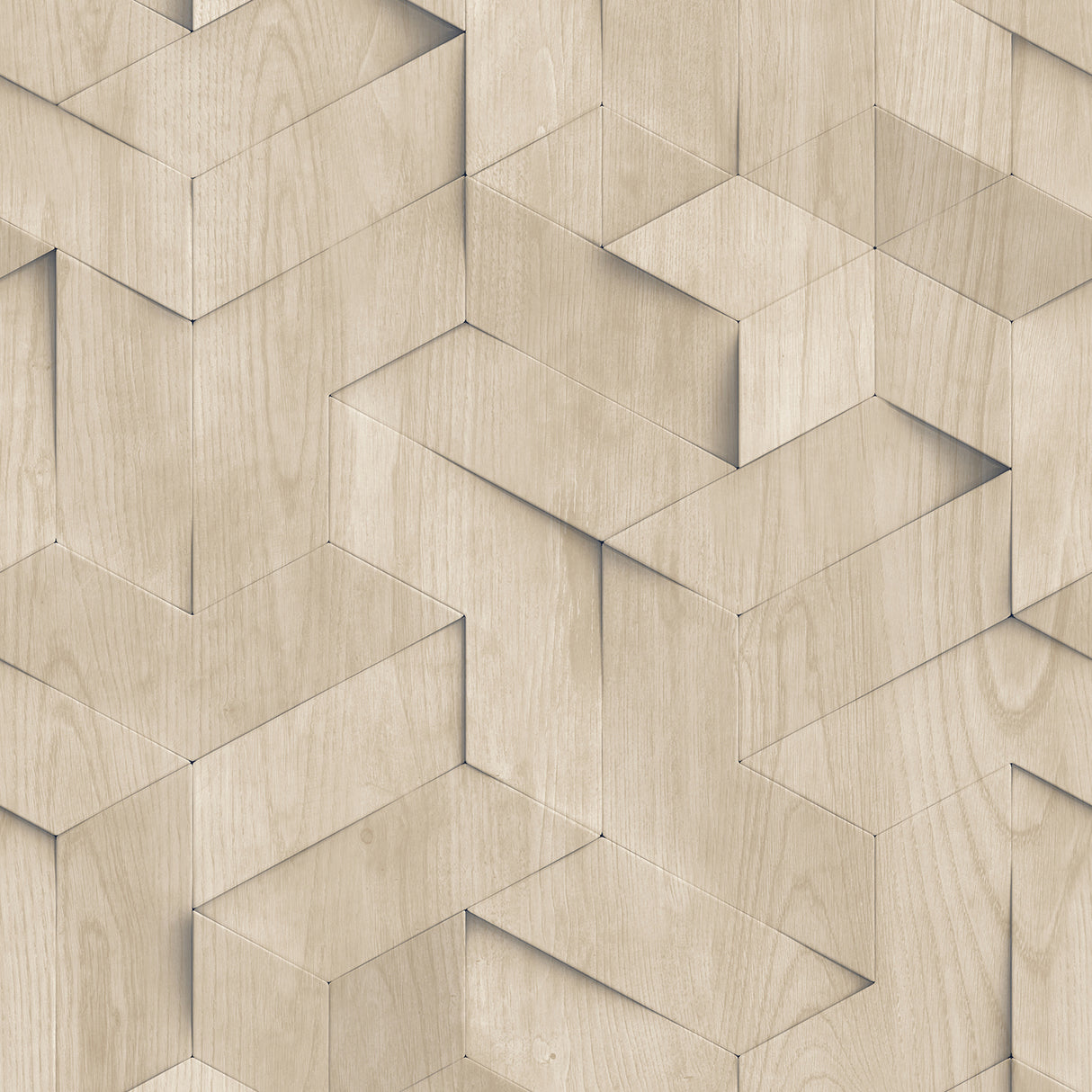 Woodblock Geometric Illusion Natural Wallpaper roll and room scene
