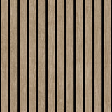 Modern Wood Slat Taupe textured vinyl wallpaper roll showing vertical slat design