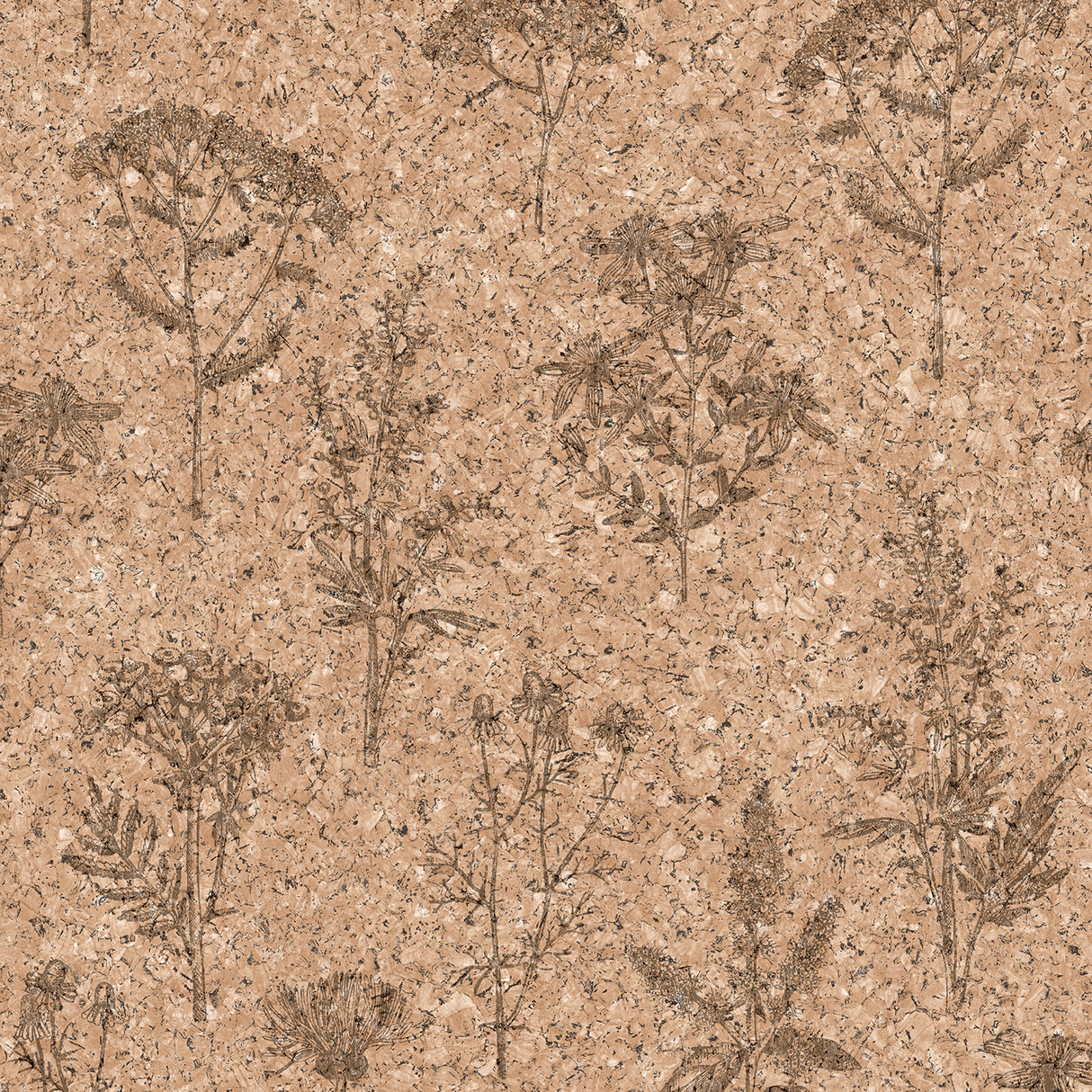 Herbarium Hues cork texture wallpaper in natural brown with botanical silhouettes, roll size 20.86 in x 33 ft.