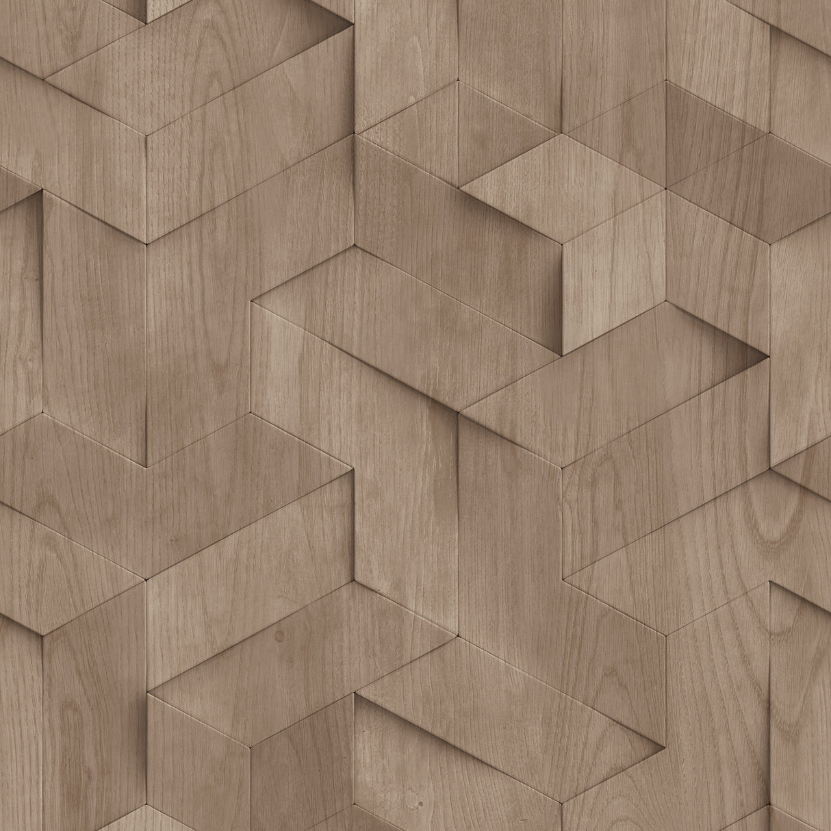 Woodblock Geometric Illusion Taupe geometric wallpaper roll and room scene