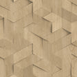 Woodblock Geometric Illusion Beige geometric faux wood textured wallpaper roll and room scene