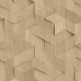 Woodblock Geometric Illusion Beige geometric faux wood textured wallpaper roll and room scene