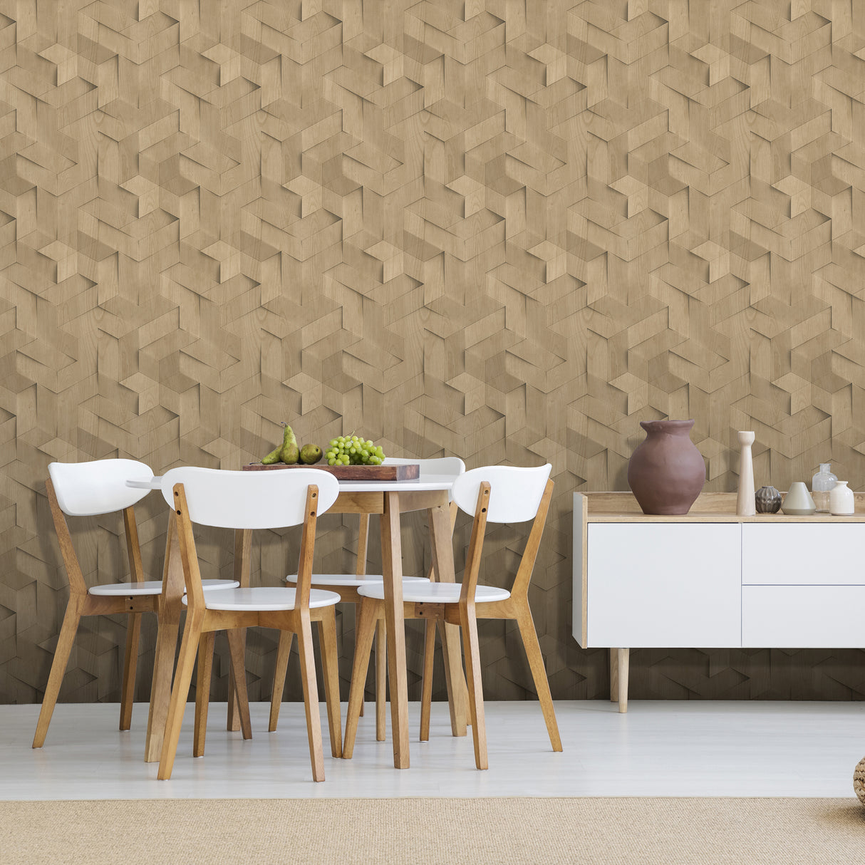 Woodblock Geometric Illusion Beige by Veer Decor Textured Geometric Wallpaper – VRBR17-447